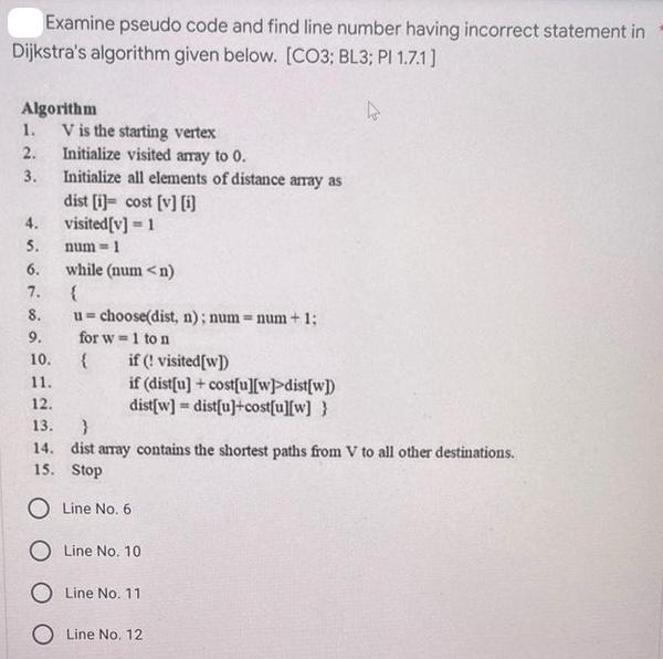 Examine pseudo code and find line number having incorrect statement in Dijkstra's algorithm given below.