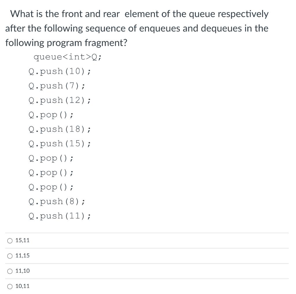 What is the front and rear element of the queue respectively after the following sequence of enqueues and
