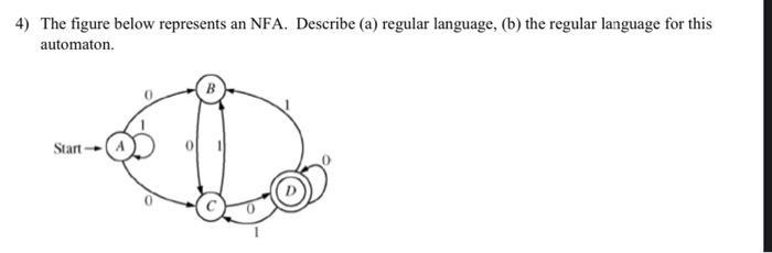 4) The figure below represents an NFA. Describe (a) regular language, (b) the regular language for this