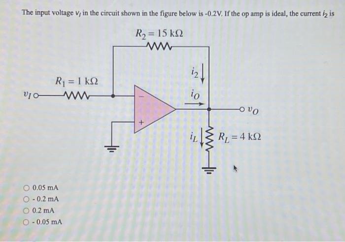 The input voltage v, in the circuit shown in the figure below is -0.2V. If the op amp is ideal, the current i