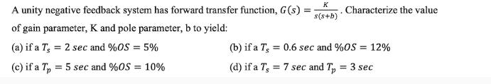 A unity negative feedback system has forward transfer function, G(s) = of gain parameter, K and pole