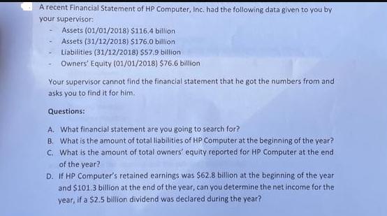 A recent Financial Statement of HP Computer, Inc. had the following data given to you by your supervisor: