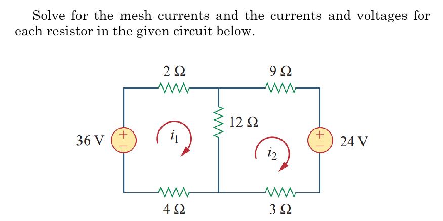 Solve for the mesh currents and the currents and voltages for each resistor in the given circuit below. 36 V
