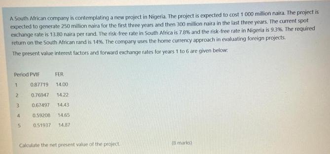 A South African company is contemplating a new project in Nigeria. The project is expected to cost 1 000