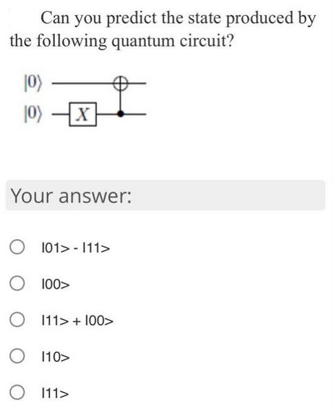 Can you predict the state produced by the following quantum circuit? 10) 10) X Your answer: O 101>-111> O