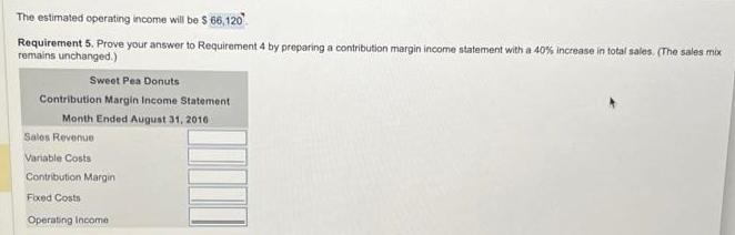 The estimated operating income will be $ 66,120 Requirement 5. Prove your answer to Requirement 4 by