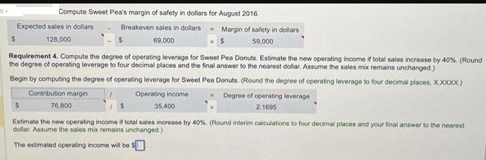 Compute Sweet Pea's margin of safety in dollars for August 2016. Breakeven sales in dollars Margin of safety