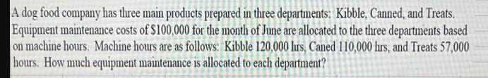 A dog food company has three main products prepared in three departments: Kibble, Canned, and Treats.