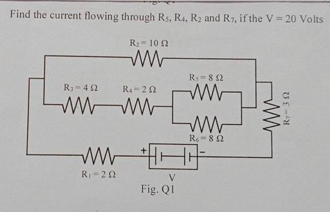 Find the current flowing through Rs, R4, R2 and R7, if the V = 20 Volts R = 10 22 ww wwwwww R = 492 www R 202