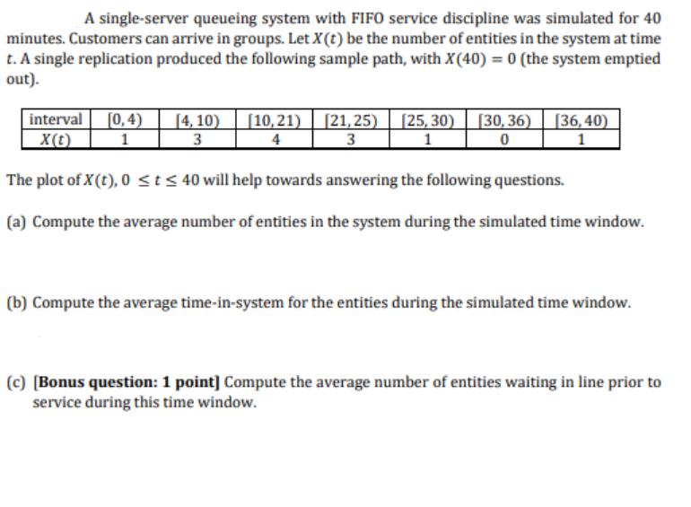 A single-server queueing system with FIFO service discipline was simulated for 40 minutes. Customers can