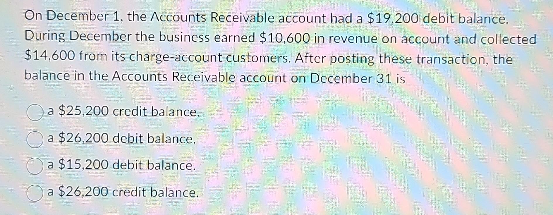 On December 1, the Accounts Receivable account had a $19,200 debit balance. During December the business