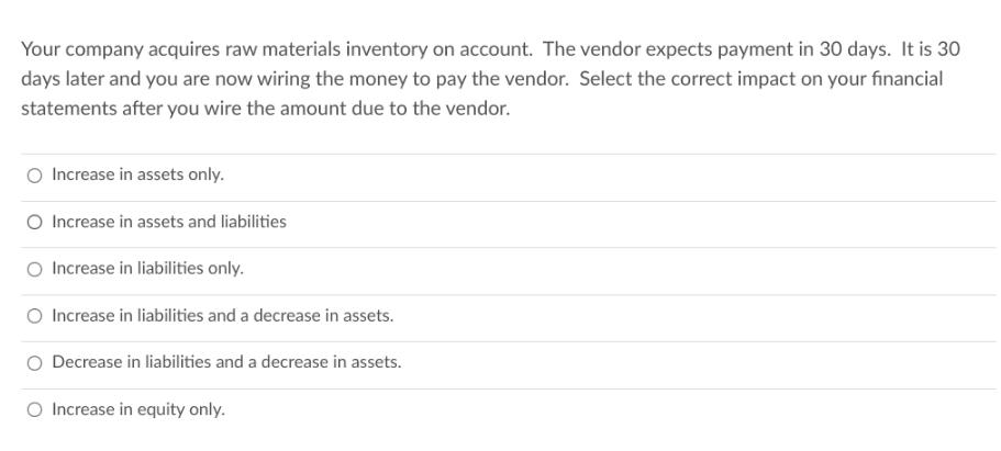 Your company acquires raw materials inventory on account. The vendor expects payment in 30 days. It is 30