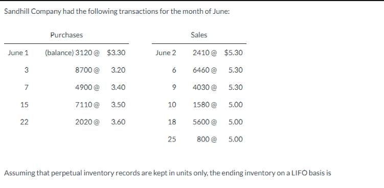 Sandhill Company had the following transactions for the month of June: June 1 3 7 15 22 Purchases (balance)