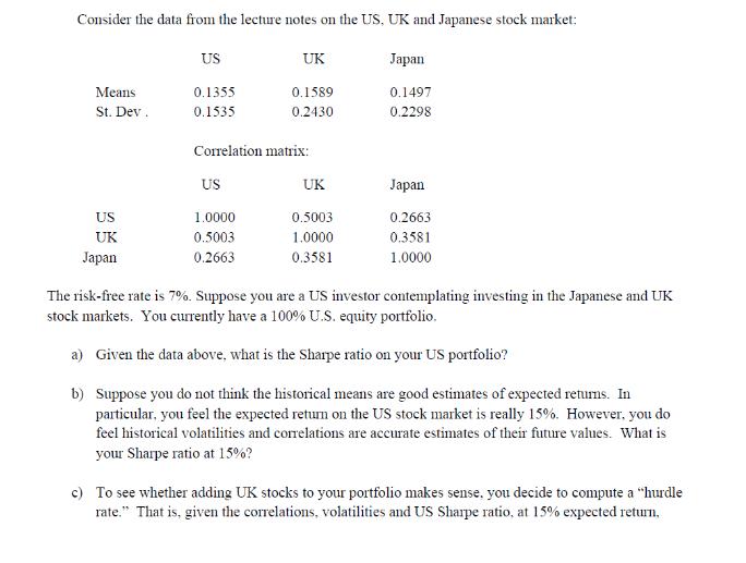 Consider the data from the lecture notes on the US, UK and Japanese stock market; Means: St. Dev. US UK Japan