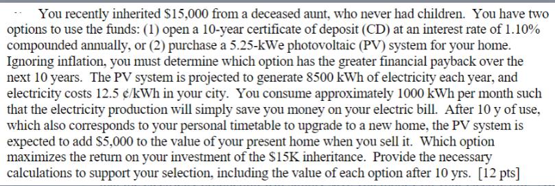 You recently inherited $15,000 from a deceased aunt, who never had children. You have two options to use the