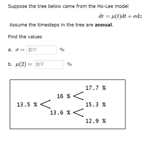 Suppose the tree below came from the Ho-Lee model Assume the timesteps in the tree are annual. Find the