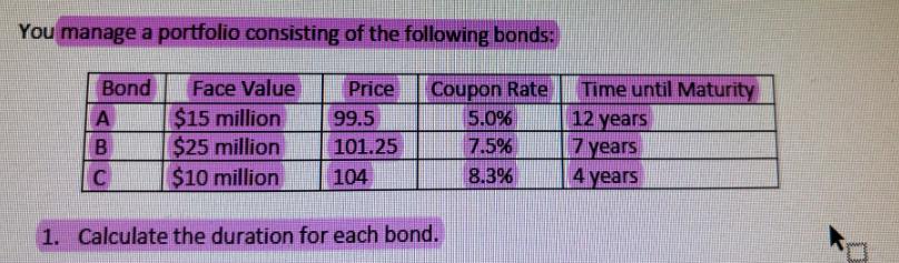 You manage a portfolio consisting of the following bonds: Coupon Rate 5.0% 7.5% 8.3% Bond A B C Face Value