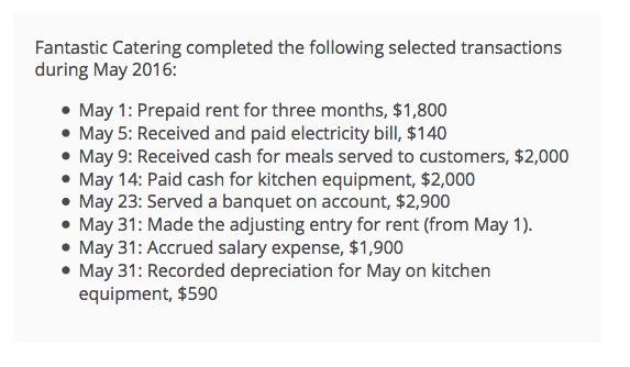 Fantastic Catering completed the following selected transactions during May 2016: May 1: Prepaid rent for