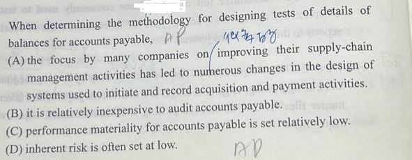 When determining the methodology for designing tests of details of balances for accounts payable, ex 72475868