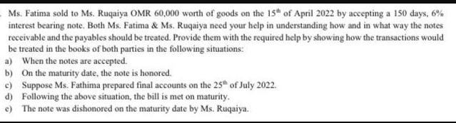 Ms. Fatima sold to Ms. Ruqaiya OMR 60,000 worth of goods on the 15th of April 2022 by accepting a 150 days,