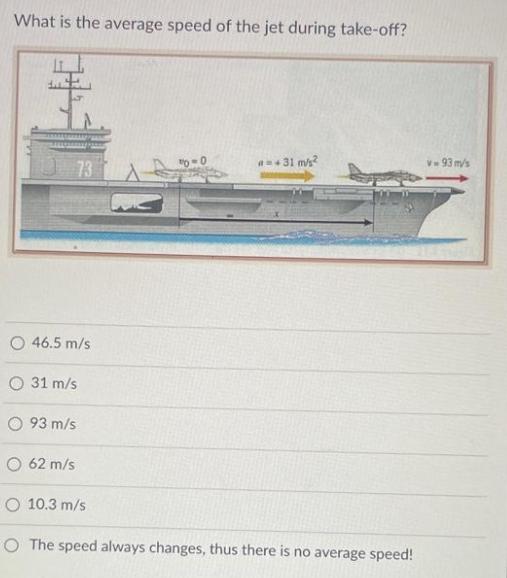 What is the average speed of the jet during take-off? A/ O 46.5 m/s 73 31 m/s 93 m/s O 62 m/s O 10.3 m/s CE