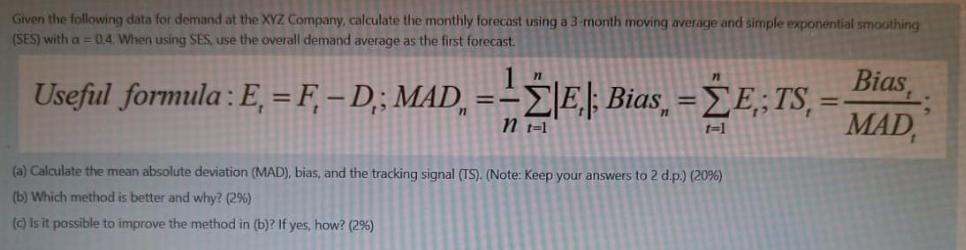 Given the following data for demand at the XYZ Company, calculate the monthly forecast using a 3-month moving