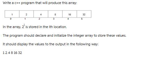 Write a c++ program that will produce this array: 2 8 3 16 32 5 In the array, 2 is stored in the ith