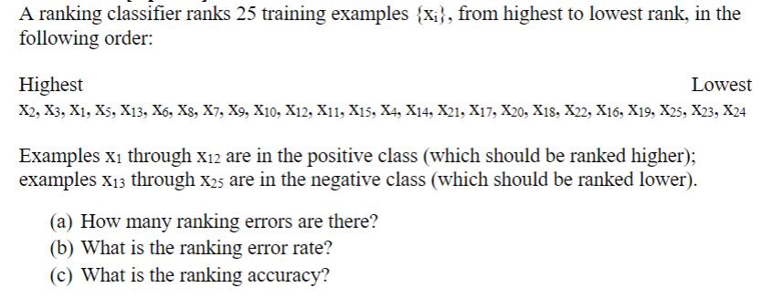 A ranking classifier ranks 25 training examples {x;}, from highest to lowest rank, in the following order: