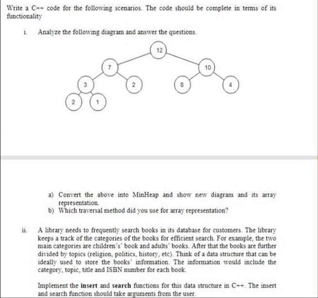 Write a C++ code for the following scenarios. The code should be complete in terms of its functionality i