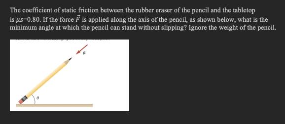 The coefficient of static friction between the rubber eraser of the pencil and the tabletop is s-0.80. If the
