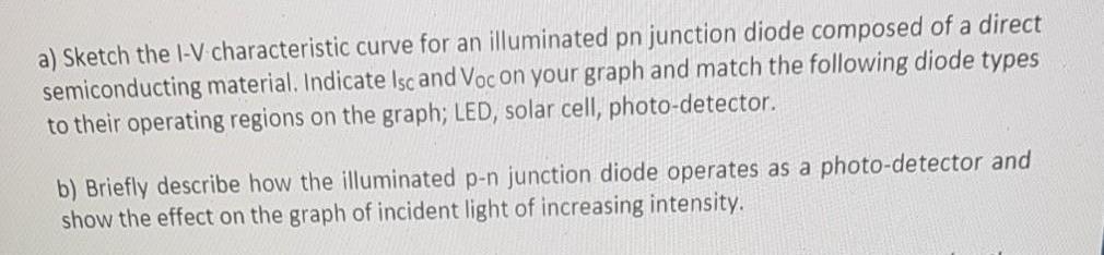 a) Sketch the I-V characteristic curve for an illuminated pn junction diode composed of a direct