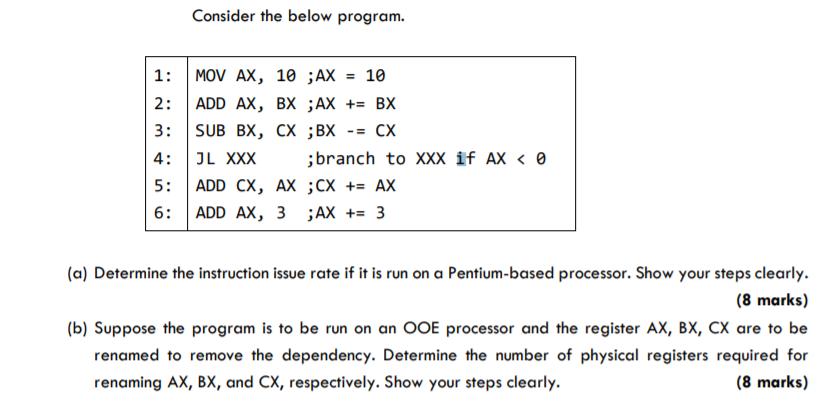 1: 2: 3: 4: 5: 6: Consider the below program. MOV AX, 10 ; AX = 10 ADD AX, BX ;AX += BX SUB BX, CX ;BX -= CX