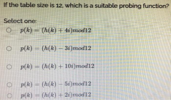 If the table size is 12, which is a suitable probing function? Select one: O p(k)= (h(k) + 4i)mod12 O p(k)=