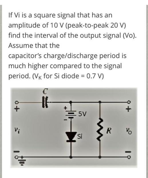 If Vi is a square signal that has an amplitude of 10 V (peak-to-peak 20 V) find the interval of the output