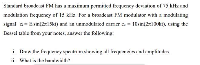 Standard broadcast FM has a maximum permitted frequency deviation of 75 kHz and modulation frequency of 15