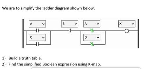 We are to simplify the ladder diagram shown below. B D *-- V 1) Build a truth table. 2) Find the simplified