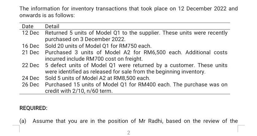 The information for inventory transactions that took place on 12 December 2022 and onwards is as follows: