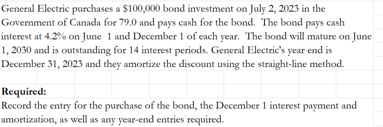 General Electric purchases a $100,000 bond investment on July 2, 2023 in the Government of Canada for 79.0