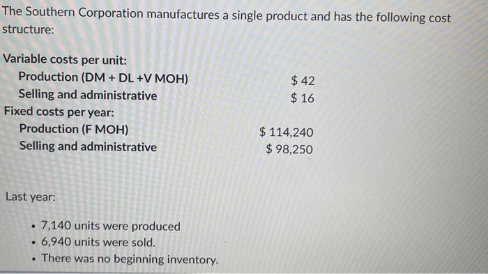 The Southern Corporation manufactures a single product and has the following cost structure: Variable costs