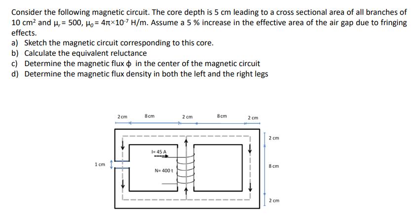 Consider the following magnetic circuit. The core depth is 5 cm leading to a cross sectional area of all
