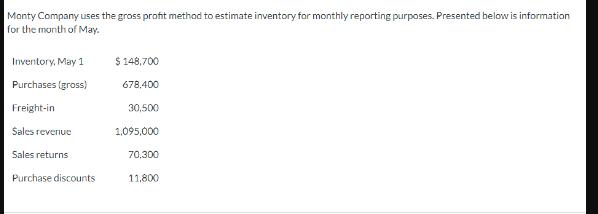 Monty Company uses the gross profit method to estimate inventory for monthly reporting purposes. Presented
