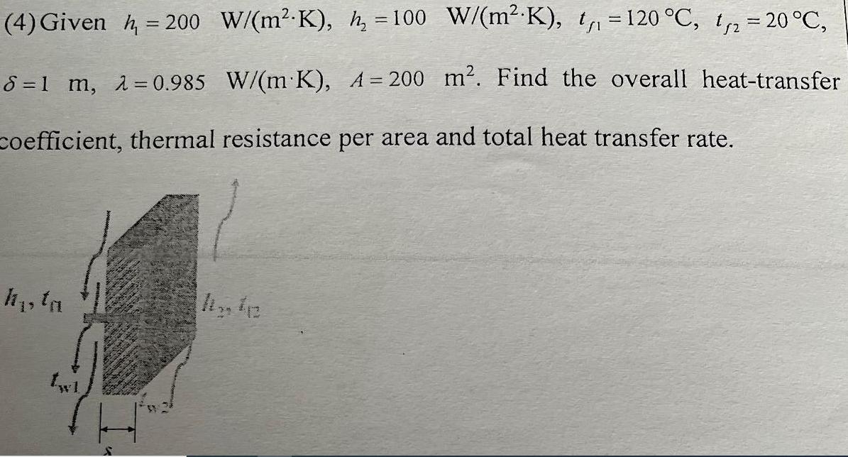 (4) Given h =200 W/(m-K), h, = 100 W/(m K), t = 120 C, t = 20C, 8=1 m, 2=0.985 W/(m K), A- 200 m. Find the