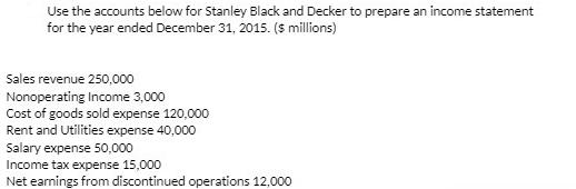 Use the accounts below for Stanley Black and Decker to prepare an income statement for the year ended