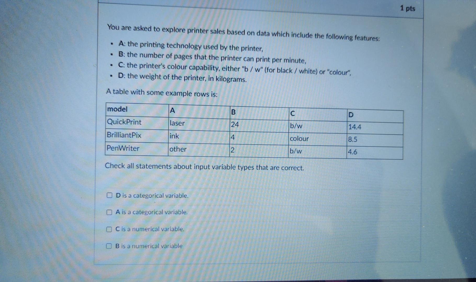 You are asked to explore printer sales based on data which include the following features: A: the printing