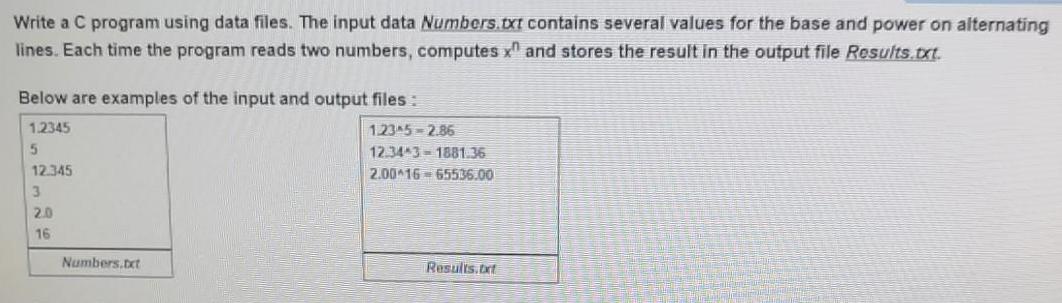 Write a C program using data files. The input data Numbers.txt contains several values for the base and power