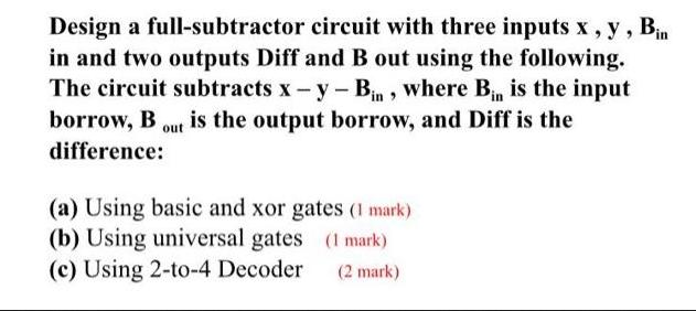 Design a full-subtractor circuit with three inputs x, y, Bin in and two outputs Diff and B out using the