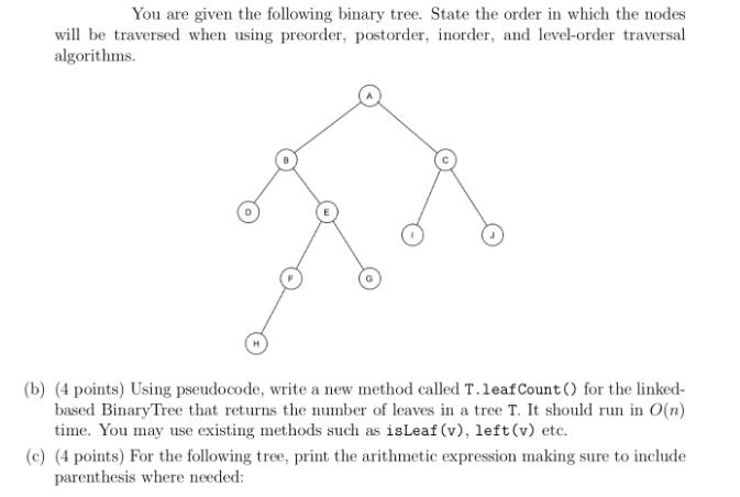 You are given the following binary tree. State the order in which the nodes will be traversed when using