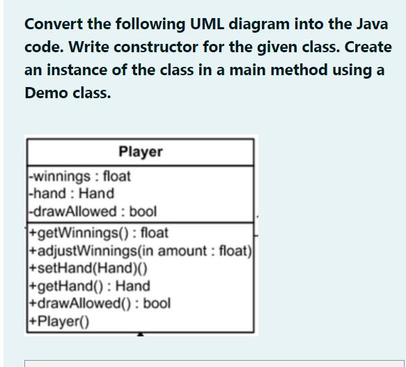 Convert the following UML diagram into the Java code. Write constructor for the given class. Create an