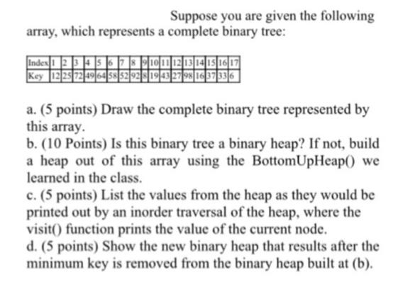Suppose you are given the following array, which represents a complete binary tree: Index 1 2 3 4 5 Key 12 25