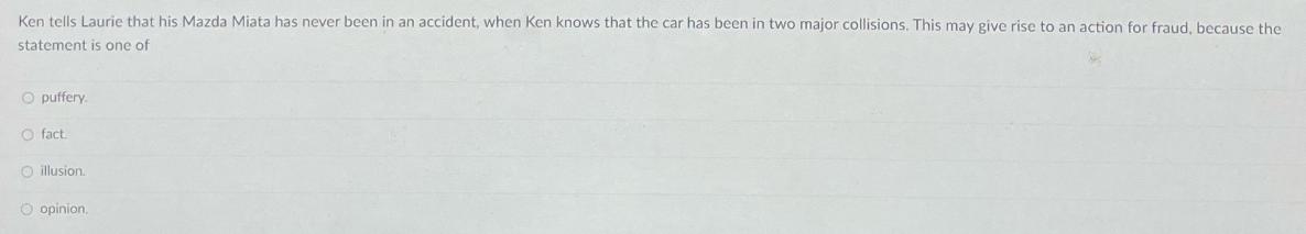 Ken tells Laurie that his Mazda Miata has never been in an accident, when Ken knows that the car has been in